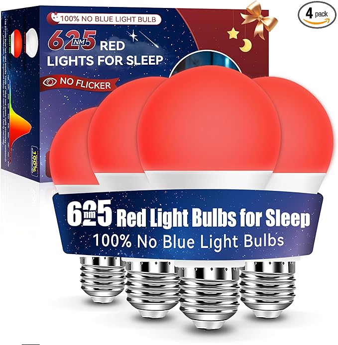 Neporal 625nm Red Light Bulbs for Sleep 9W, 100% Blue Light Blocking Red Night Light, Sleep Light Bulb for Melatonin Promoting, A19 60W Equivalent Dim Light Bulbs for Bedroom, Baby Nursery,4 Packs