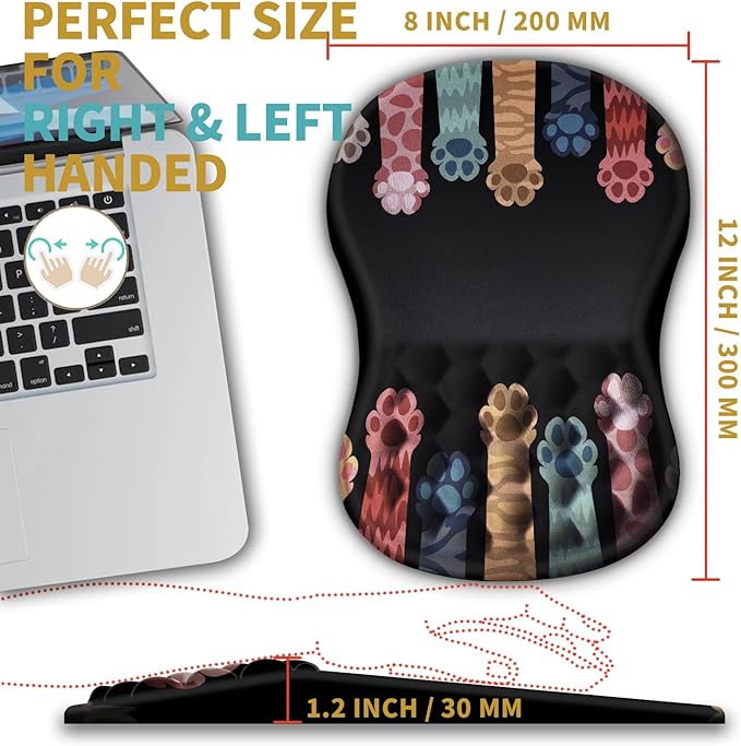 Hokafenle Ergonomic Mouse Pad Wrist Support with Massage Design, Wrist Rest Mousepad with Memory Foam&Non-Slip PU Base, Mouse Pads for Wireless Mouse & Desk (12x8 inch,Paw)