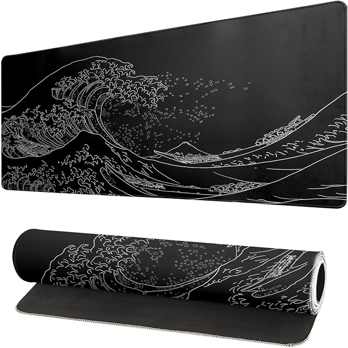 Japanese Sea Wave Large Mouse Pad, Anime Black Gaming, Extended Kanagawa Mat Desk Pad, 3mm Thick Long Non-Slip Rubber Base Mice Pad, 31.5 X 11.8 Inch