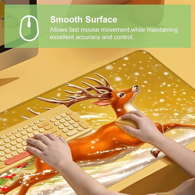 Desk Mat, XXL Extended Gaming Pad for Desktop, 35x16 Inches Reindeer Running in Snow, Large Non-Slip Vegan Leather Surface with Stitched Edges, Keyboard Mouse Mat for Home Office