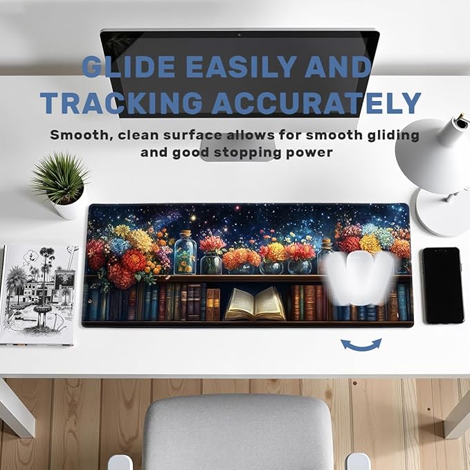 Starry Bookshelf Desk Mat Gaming Large Mouse Pad Blooming Book Flowers Night Mousepad Computer Keyboard Pad Mouse Mat Laptop Mat 31.5 x 11.8 Mouse Pads for Desk Home Office Gaming