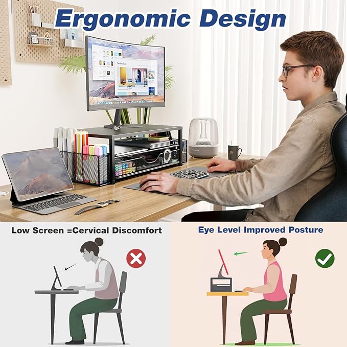OPNICE 2-Tier Monitor Stand Riser – Black 2-Pack