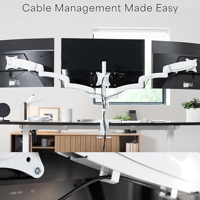 VIVO 17 to 32 inch Triple Pneumatic Monitor Mount, 2 Pneumatic Arms, 1 Fixed, Adjustable Swivel, Rotation, Heavy Duty VESA Desk Stand with C-clamp, Max VESA 100x100, White, STAND-V300GW
