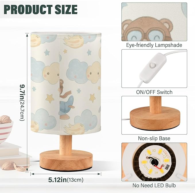 Bear LED Table Lamp, Bedside Lamp with Linen Lampshade, Flicker-Free Eye Care USB Plug in Nightstand Lamp, for Bedroom and Office