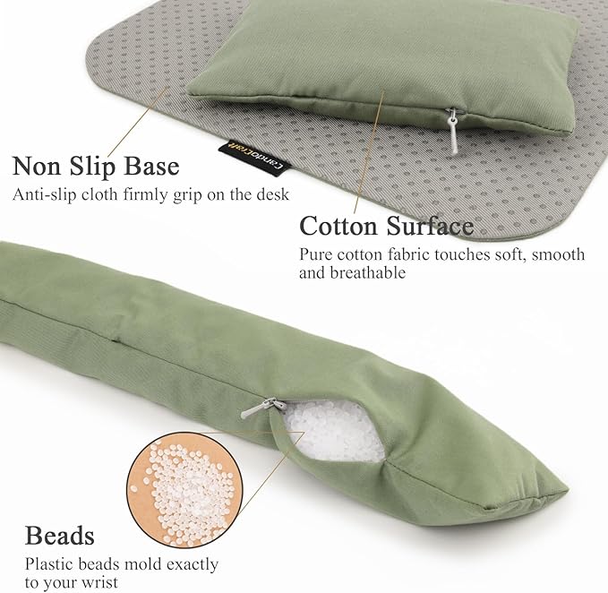 Large Mouse Pad Wrist Support Set, Bean Bag Mouse and Keyboard Wrist Rest Filled Ergo Beads, Easy Typing Gaming Home Office (Light Army Green)