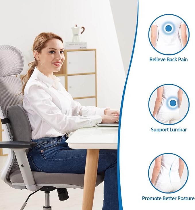 SAIREIDER Lumbar Pillow, Memory Foam Office Chair Back Support Pillows Back Support Improve Posture, Lumbar Support Pillow for Car、Gaming Chair、 Home Chair, Double Adjustable Straps(Grey)