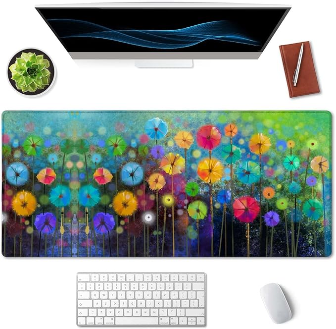 SSOIU Desk Mat, Extended Gaming Mouse Pad 35.5x15.7 in, Large Non-Slip Rubber Base Mousepad with Stitched Edges, Waterproof Keyboard Mouse Mat Desk Pad for Work, Game, Office, Home - Watercolor Floral