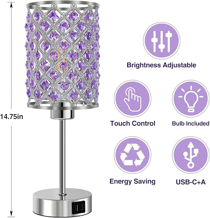 GyroVu Purple Crystal Table Lamp with USB C+A Ports, Dimmable Touch Control Bedside Lamp with LED Bulb, Small Night Light for Bedroom, Living Room, Girls Room, Office