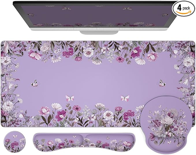 Ovenbird Mouse Pad Set 4-in-1 | Large Gaming Mousepad, Keyboard Wrist Rest, Mouse Wrist Support, Coaster | Ergonomic Office Desk Mat Accessories for Women Men | 4PCS, 35.4 x 15.7in, Purple Floral