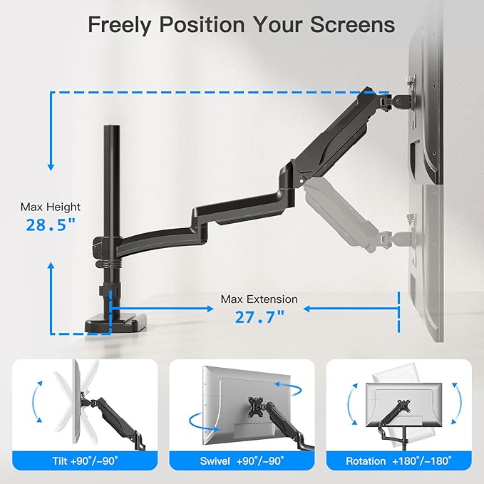 Long Arm Monitor Mount, 13 to 32 inch Computer Desk Mount, Extra Long Adjustable Stand, Hold up to 19.8lbs, Tall Arm with Tilt, Swivel, Rotation, VESA 75/100mm