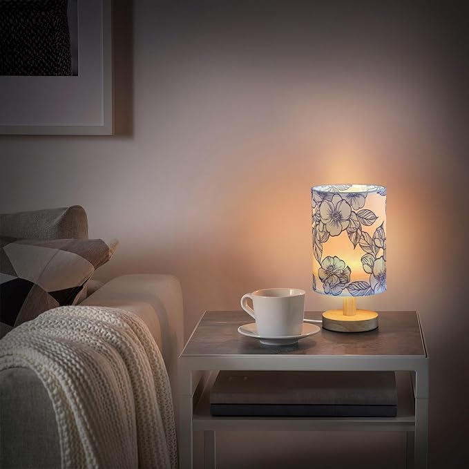 Blue Floral LED Table Lamp, Bedside Lamp with Linen Lampshade, Flicker-Free Eye Care USB Plug in Nightstand Lamp, for Bedroom and Office