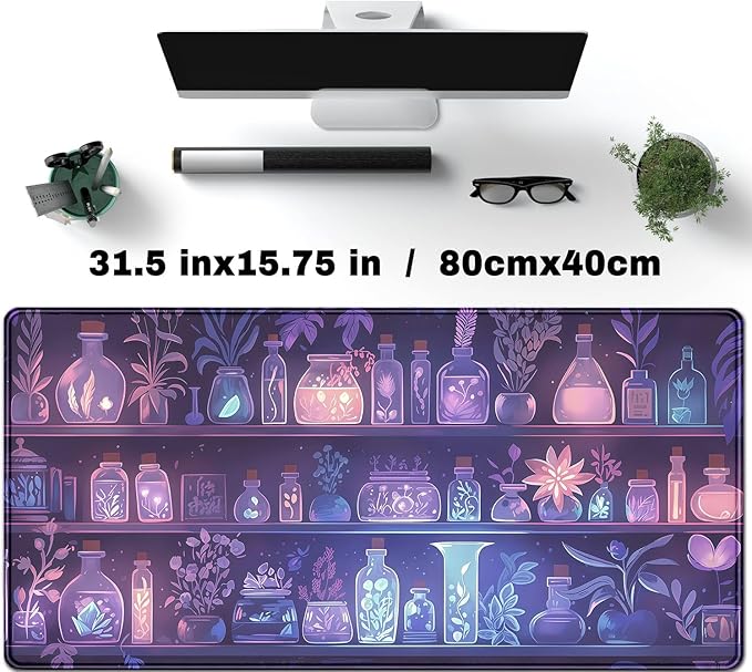 Witchy Purple Pink Blue Glowing Herbs Desk Mat,Enchanted Botanical Plants Shelf Large Mouse Pad- XL Mystical Desk Pad for Gaming, Office, Dorm-Fantasy Aesthetic Gift- Magic Home Decor 31.5" x 15.7"