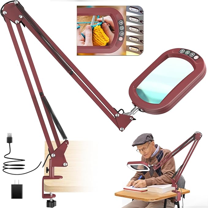 10X Extra Long Magnifying Glass with Light and Clamp, Real Glass, 5 Color Modes, Stepless Dimmable, Dual 16-inch Swing Arm, Lighted Magnifier Hands Free for Close Work, Craft, Reading, Painting, Red