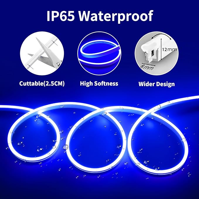 Blue Neon Rope Light, 5M Cuttable LED Strip Lights with Power Plug, 12V Waterproof Flexible Dimmable Lights Kit for Bedroom TV Backlight Gaming Room Monitor Kitchen Cabinet Bar Wall Stage Stairs Decor