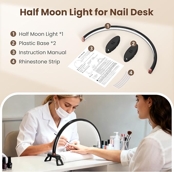 Yokilly Arc Half Moon Light: 16" Half Moon Light with Foldable Bracket for Desk Salon Table Use - No Flicker & Shadow-Free Desk Lamp with Stepless Brightness 3000-6500K for Manicurist Nail Tech