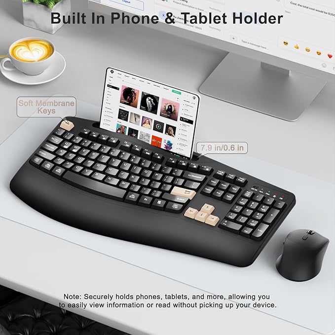 Wireless Keyboard and Mouse Combo, 2.4G Full Size Wave Keys Ergonomic Keyboard with Wrist Rest, Phone Holder, 3-Level DPI Wireless Silent Mouse with 6-Buttons, for Windows (Latte Black)