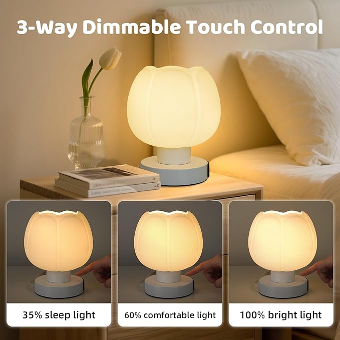Touch Bedside Lamp with USB C+A Charging Ports,Tulip Flower Lamp with White Glass Lamp Shade, Warm LED Bulb, 3 Way Dimmable, Small Table Lamp for Bedroom Nightstand Living Room
