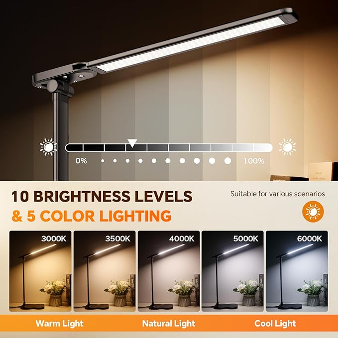 Desk Lamps for Home Office, Dimmable LED Desk Lamp, 5 Color Modes, 10 Brightness, Touch Desk Light with USB Charging Port for Nail Craft Puzzle Sewing Study - Black