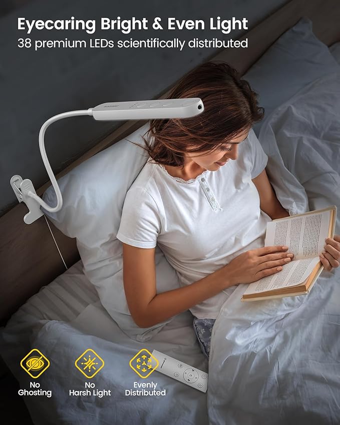 Glocusent 5W Clip On Light, 38 LED Eye Caring Book Lights for Reading at Night - 5 Color & 5 Brightness with a Remote, 30-Min Auto Off Timer, Bed Headboard Clip on Lamp for Reading/Studying/Working