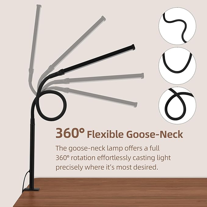 Led Desk Lamp for Home Office, Eye-Caring Desk Light with Clamp, Clip on Light for Reading, 3 Modes 10 Brightness, Flexible Goose-Neck, Memory Function, Study, Work, Draw, Black