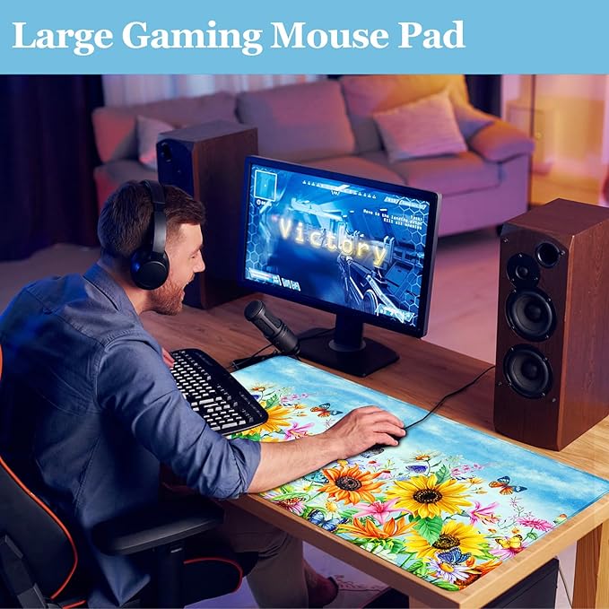 Desk Pad Sunflowers, Big Mouse Pad Flower Butterfly Women Girls Desk Mat Extended Large Gaming Mouse Pad Non-Slip Base Stitched Edge Work Home Office Desks Computer Keyboard Laptop Decor Mouse Mat