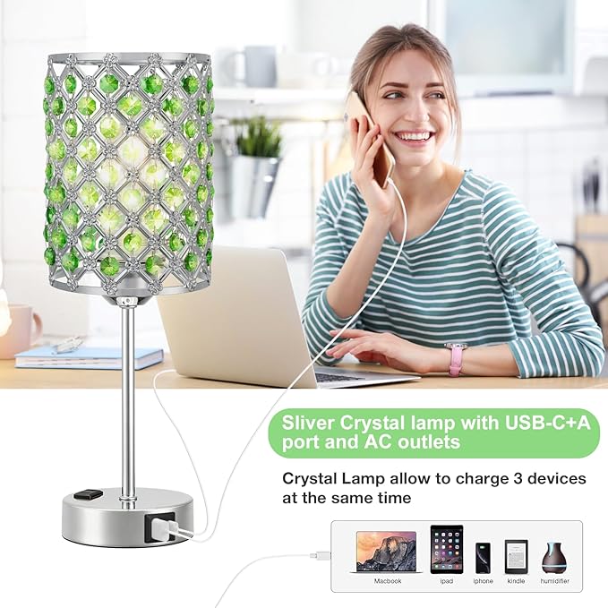 Hong-in Green Lamps for Night Stands-Crystal Table Lamp with USB-C+A & AC Charging Ports, 3-Way Dimmable Nightstand Touch Lamp, Bedside Desk lamp for Bedroom Living Room Home Office