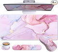 Pink Desk Mat, Large Mouse Pad with Wrist Rest, Ergonomic Keyboard Wrist Support, Carpal Tunnel Mousepad XXL Cushion with Coaster Set, Computer Keyboard Mat, Pink Marble