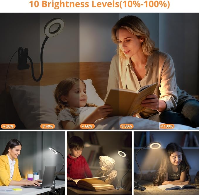 Desk Lamp Clip Light, 10 Dimmable Brightness 3 Light Modes Reading Light, Clamp Bedside Lamp for Painting, Craft, Study (Black)