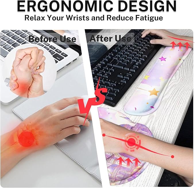 Arttown Pink Castle Desk Mat Star Ribbons Mouse Pad Set 4 in 1 Ergonomic Design Large Mouse Pad + Keyboard Wrist Rest + Mouse Wrist Rest + Coaster Suitable for Home Office Study Game