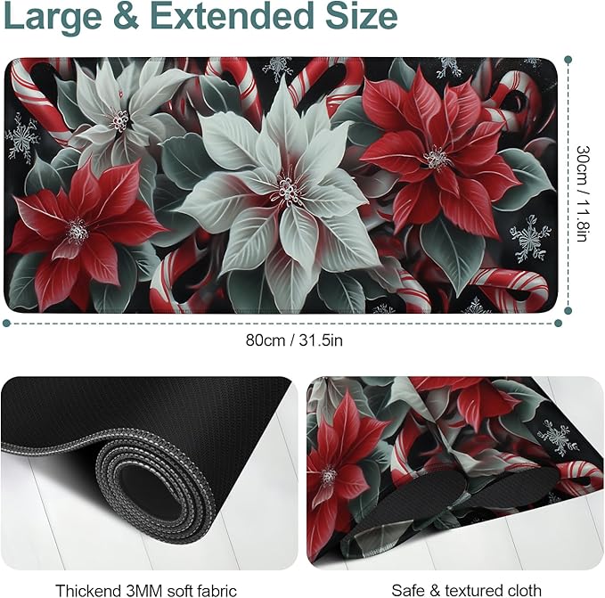 Christmas Flowers Extended Gaming Mouse Pad 31.5x11.8inches Large Desk Mat Anti-Slip Rubber Base & Durable Stitched Edges for Gamers Smooth Mouse Writing Surface for Desk Office/Home