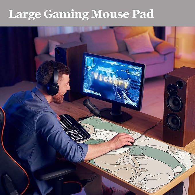 Desk Pad Cat, Desk Matt for Desktop, Cute Sleeping Cat Gaming Mouse Pad Extend XXL Large Desk Mat Anti-Slip Stitched Edges Waterproof Computer Laptop Keyboard Mat for Game, Home, Work, Office