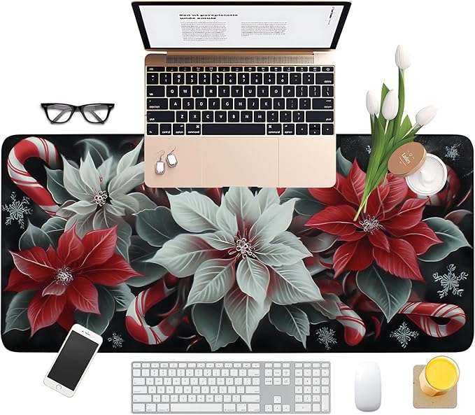 Christmas Flowers Extended Gaming Mouse Pad 35.4x15.7Inch Large Desk Mat Anti-Slip Rubber Base & Durable Stitched Edges for Gamers Smooth Mouse Writing Surface for Desk Office/Home