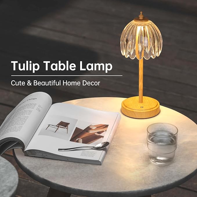 Tulip Table Lamp with 5200mAh Battery & Touch Control, Small Cordless Table Lamp with 3 Colors, Rechargeable Battery Operated Table Lamps for Bedroom, Desk, Bedside (Transparent-Beech Color)