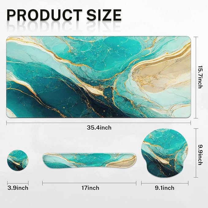 Britimes Green and Gold Marble Keyboard Mouse Pad Set 4in1 Large Mousepad+Keyboard Wrist Rest+Mouse Wrist Rest+Coaster Set with Ergonomic Design for Home Office Computer 35.4x15.7 inches