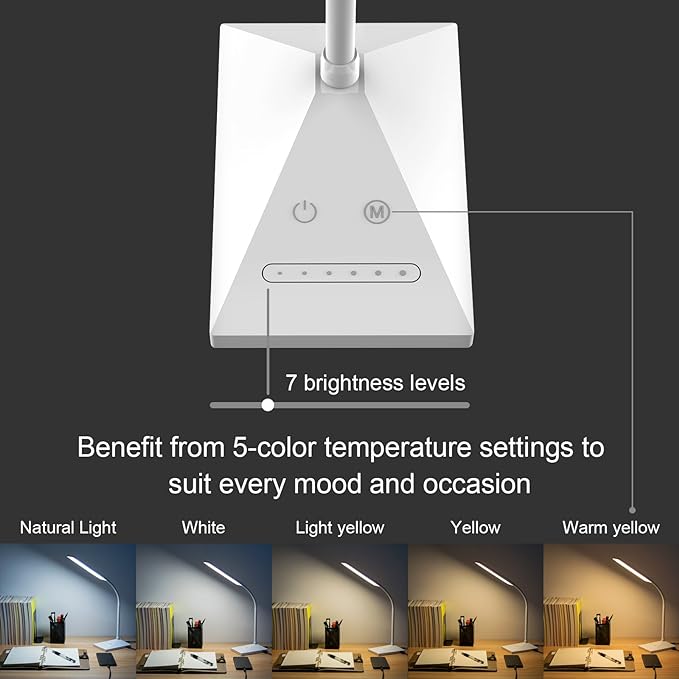 RAOYI LED Desk Lamp, 12W Dimmable Table Lamp Eye-Caring Reading Light with USB Charging Port Touch Control 5 Color Modes 7-Level Brightness Adjustable for Office Home Bedroom (White)