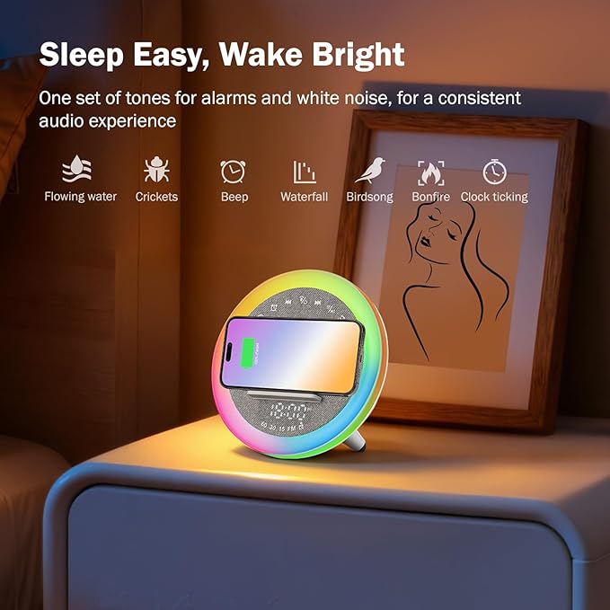 Wireless Alarm Clock, 15W Wireless Charging Station, Bluetooth Speaker Table Lamp for Bedroom Bedside, Dorm, Gifts for 13 Year Old Girls & Teenagers, White Noise Clock with Night Light