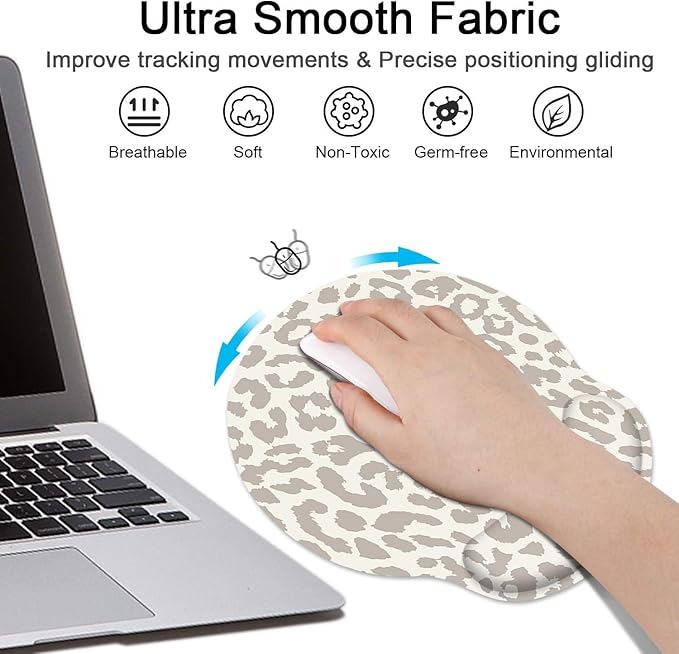 Britimes Leopard Light Khaki Animal Skin Ergonomic Mouse Pad Set with Wrist Rest Non-Slip Rubber Base Wrist Cushion Support and Coasters Mousepad with Wrist Support for Computer Keyboard and Desk