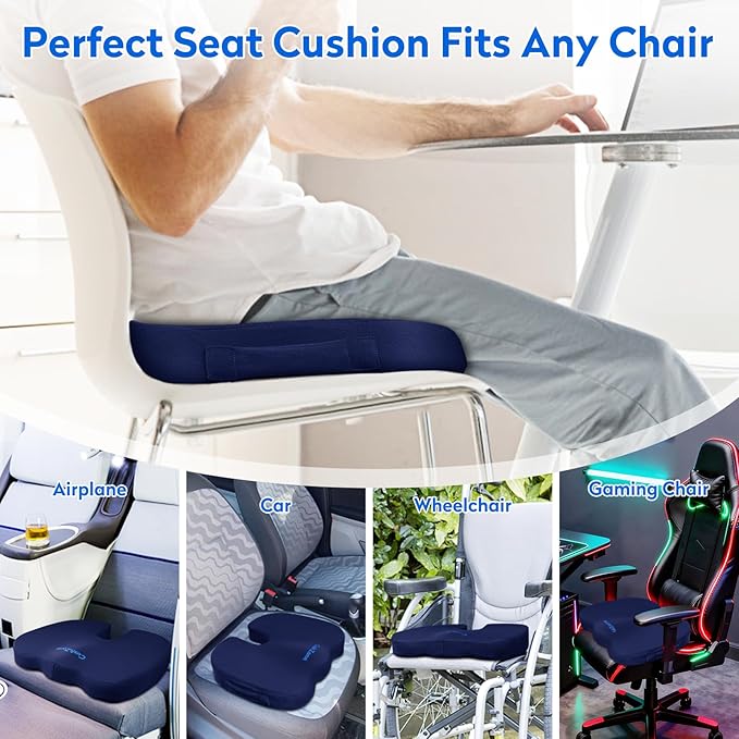 Office Chair Cushions, Memory Foam Coccyx Cushion for Tailbone Support Office Chair Car Seat, Sciatica, Coccyx, Lower Back Support (Blue)