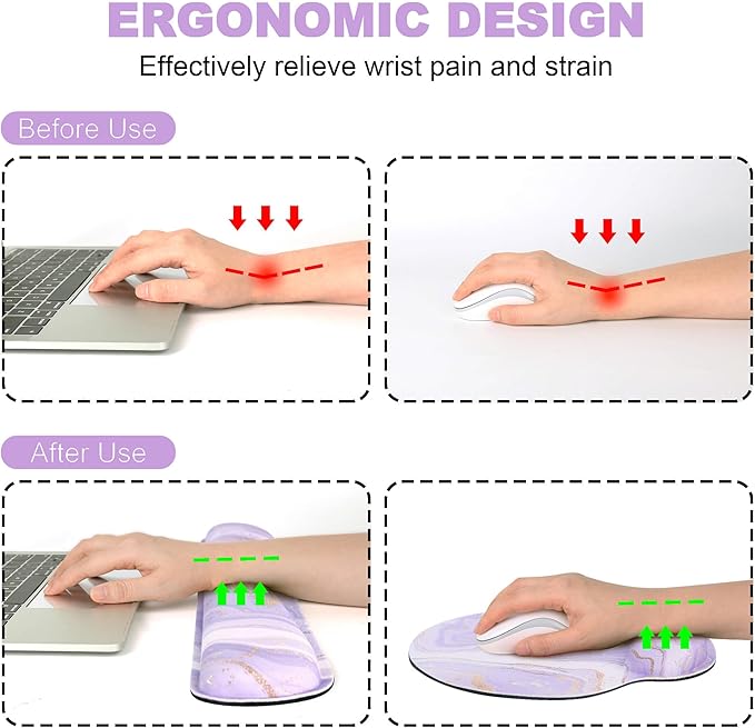 Ergonomic Mouse Pad with Wrist Rest and Keyboard Wrist Rest, Memory Foam Wrist Rest for Computer Keyboard, Easy Typing, Mouse Pad Wrist Support for Gaming,Office, Laptop, Purple Marble