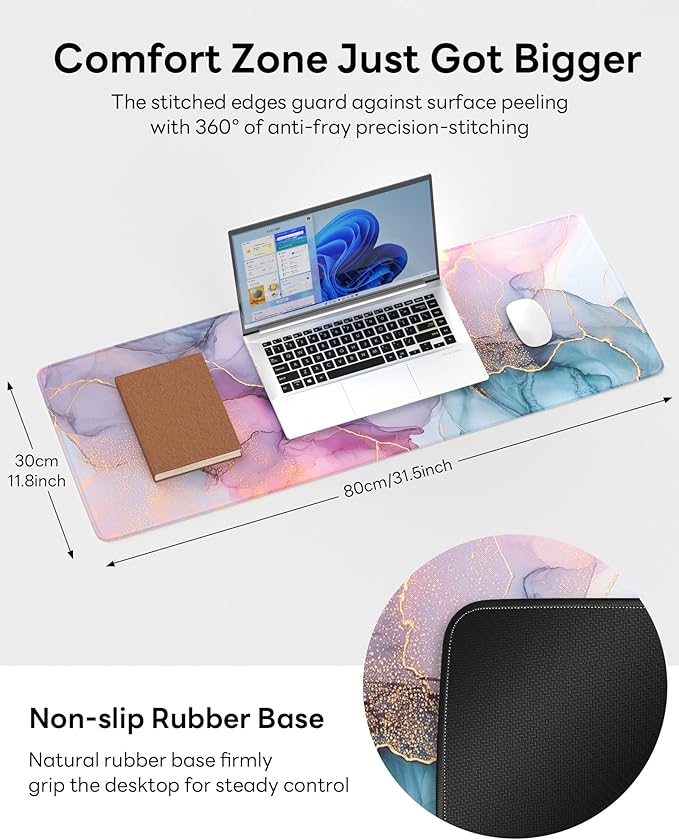 Fantasy Marble Mouse Pad, 31.5 x 11.8 Large Desk Mat with Stitched Edges & Non-Slip Base, Mousepad for Office, Home, Work
