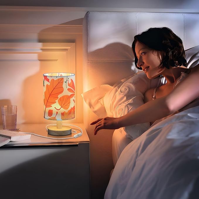 Autumn Leaf LED Table Lamp, Bedside Lamp with Linen Lampshade, Flicker-Free Eye Care USB Plug in Nightstand Lamp, for Bedroom and Office