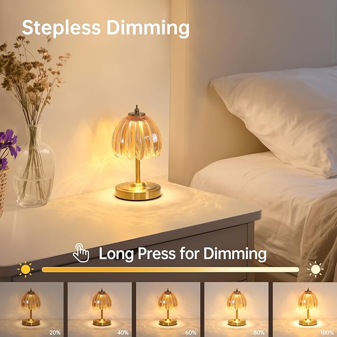 Tulip Small Table Lamp, 5200mAh Cordless Touch Control Mini Table Lamp with 3 Color Temps & Stepless Dimming, Perfect for Small Spaces Like Dressers, Bedsides, Bookshelves (Amber Tulip)