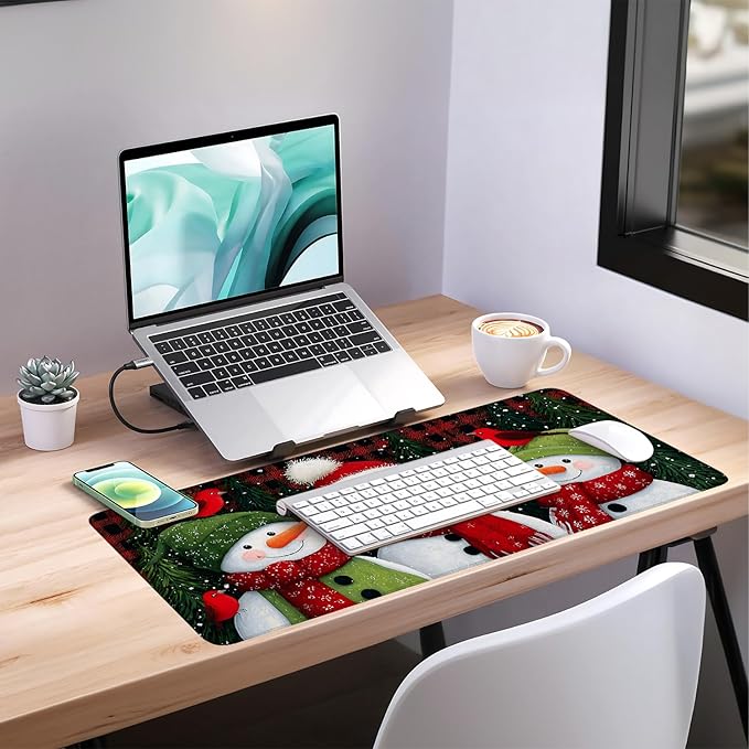 Three Snowmen Extended Gaming Mouse Pad 35.4x15.7Inch Large Desk Mat Anti-Slip Rubber Base & Durable Stitched Edges for Gamers Smooth Mouse Writing Surface for Desk Office/Home