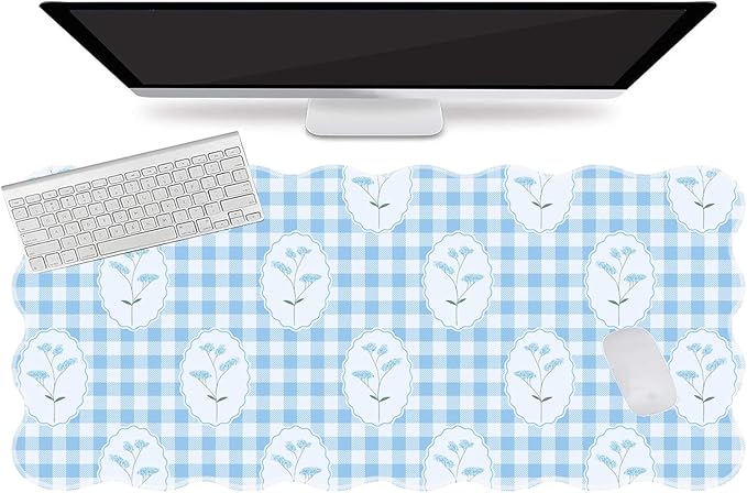 L-SPOUTTO Blue Mouse Pad,Checkered Floral Desk Mat XXL Large Scalloped Gaming Mousepad,35.4x15.7in Non-Slip Rubber Base Keyboard Pad Desktop Mat for Laptop Computer Game Home Office-Checkered Flowers