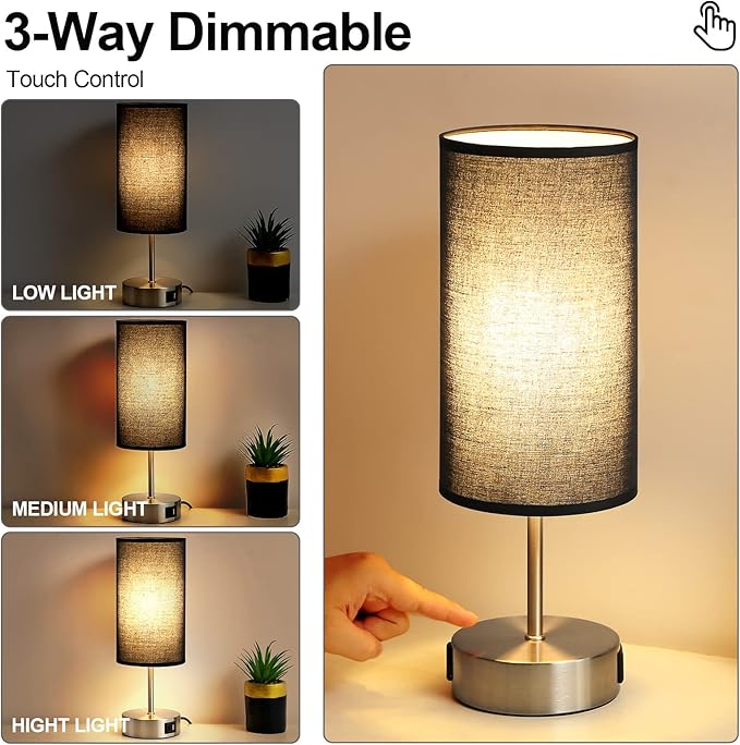 Yarra-Decor 【Upgraded Bedside Lamp with USB A+C Charging Ports & AC Outlet Touch Control Table Lamp for Bedroom 3 Way Dimmable Nightstand Lamp with Black Shade for Home,Office, Dorm(Bulb Included)