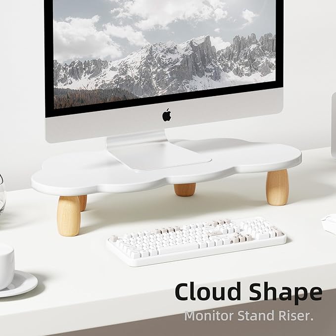 Monitor Stand Riser,Cloud Shape Wood Computer Monitor Stand, 16.5IN Monitor Stand Riser, Multi-Purpose Desktop Organizer Riser for Computer,Laptop,Printer,TV,White