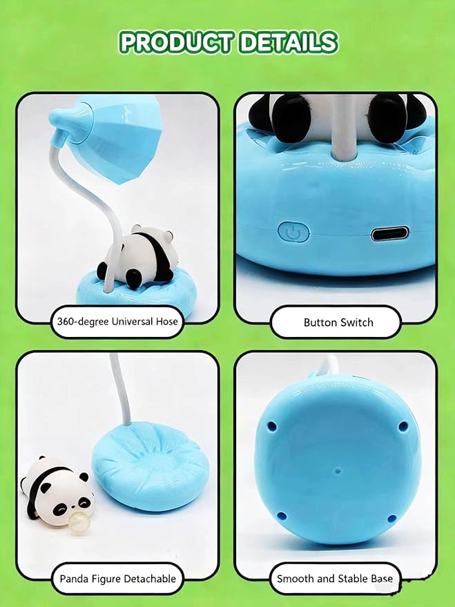 LED Desk Lamp with USB Charging Port, Gooseneck, Cute Panda Night Light for Bedroom Study Room, Boys Girls Children, Touch Control, 500 mAh, Rechargeable Lighting Decor for Boys Girls-Blue