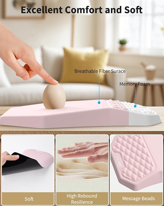 Ergonomic Mouse Pad Wrist Rest Support, Massage Design Surface for Carpal Tunnel, Memory Foam, Non-Slip PU Base for Computer Desk, Pink