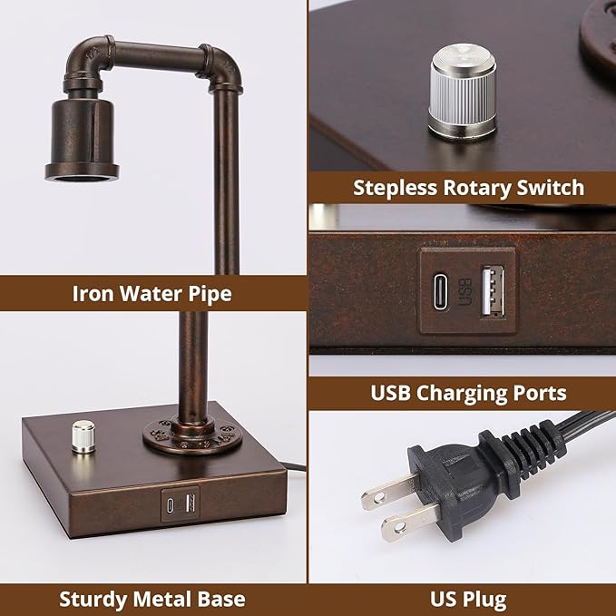 Industrial Table Lamp for Bedroom, Fully Dimmable Bedside Lamp with USB C+A Ports, Vintage Lamp with Water Pipe Design, Steampunk Table Lamps for Living Room, Dorm, Office, 6W LED Bulb Included