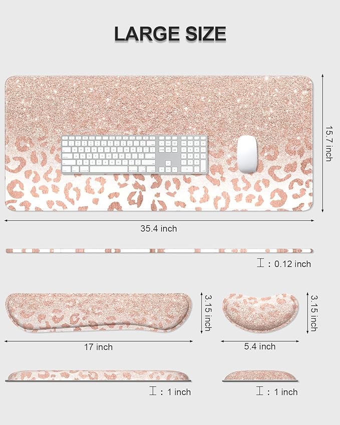 Auhoahsil Large Mouse Pad with Wrist Rests for Keyboard & Mouse, Thick Soft Ergonomic Memory Foam Wrist Supports, Big & Long Desk Mat 35.5 x 15.7 in, for Office Gaming Computer, Pink Gold Leopard